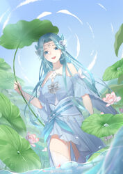 Rule 34 | 1girl, absurdres, artist request, bare shoulders, blue hair, blue sky, circlet, detached sleeves, douluo dalu, flower, from below, hair flower, hair ornament, hair rings, highres, holding, holding plant, jewelry, long hair, necklace, open mouth, plant, second-party source, sky, solo, tang wutong (douluo dalu), teeth, thighhighs, upper body, upper teeth only, water drop