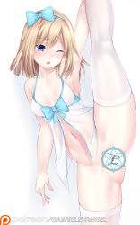 Rule 34 | 1girl, ;o, alternate breast size, alternate hairstyle, arm up, armpits, babydoll, bare shoulders, blue bow, blue eyes, bottomless, bow, breasts, brown hair, censored, choujigen game neptune mk2, cleavage, commentary, covered erect nipples, english commentary, gabriel evangel, hair bow, highres, leg up, legs, long hair, looking at viewer, medium breasts, medium hair, midriff, navel, neptune (series), no bra, no panties, aged up, one eye closed, paid reward available, rom (neptunia), skindentation, small breasts, solo, split, standing, standing on one leg, standing split, thighhighs, thighs, wavy mouth, white thighhighs