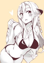 Rule 34 | 1girl, absurdres, bad id, bad pixiv id, bare shoulders, bikini, bikini under clothes, blush, bow, braid, breasts, brown background, cleavage, greyscale, greyscale with colored background, groin, hair between eyes, hair bow, heart, high school fleet, highres, jacket, kapatarou, large breasts, leaning forward, long hair, long sleeves, monochrome, navel, o-ring, o-ring bikini, o-ring top, open clothes, open jacket, open mouth, side braid, simple background, solo, swimsuit, thighs, very long hair, wilhelmina braunschweig ingenohl friedeburg