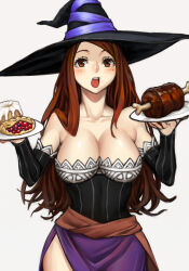 Rule 34 | 1girl, bare shoulders, blush, breasts, brown eyes, brown hair, cleavage, detached sleeves, dragon&#039;s crown, dress, food, hat, holding, holding plate, kahadu (kawazu), large breasts, long hair, looking at viewer, meat, open mouth, pastry, plate, simple background, solo, sorceress (dragon&#039;s crown), upper body, white background, witch hat