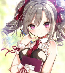Rule 34 | 10s, 1girl, 3:, artist name, blush, book, breasts, closed mouth, curly hair, grey hair, holding, holding book, holding pencil, idolmaster, idolmaster cinderella girls, kanzaki ranko, looking at viewer, medium breasts, pencil, purple eyes, ringlets, signature, sketchbook, solo, tsukigami runa, twintails, upper body