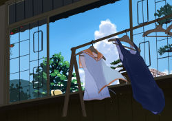 Rule 34 | 10s, 1girl, brown hair, clothes hanger, cloud, crane (machine), day, hat, i-401 (kancolle), imai tetsuya, kantai collection, one-piece swimsuit, school swimsuit, sky, solo, swimsuit, unworn swimsuit, window