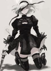 Rule 34 | 1girl, black dress, black footwear, black gloves, black hairband, black thighhighs, boots, breasts, cleavage, cleavage cutout, closed mouth, clothing cutout, dress, feather trim, feathers, frown, gloves, grey background, grey eyes, hairband, highres, holding, holding sword, holding weapon, knee boots, kneeling, lips, medium hair, mole, mole under mouth, nier (series), nier:automata, nko nok0, pink lips, puffy sleeves, shadow, simple background, solo, sword, thighhighs, thighhighs under boots, turtleneck, two-sided fabric, two-sided skirt, weapon, white hair, 2b (nier:automata)