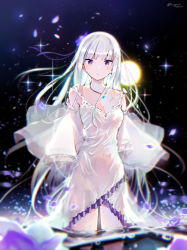 Rule 34 | 1girl, :o, arms behind back, bare shoulders, black background, blunt bangs, blush, breasts, cleavage, collarbone, commentary request, dress, elf, emilia (re:zero), frilled dress, frills, inaeda kei, jewelry, long hair, looking at viewer, medium breasts, necklace, parted lips, petals, pointy ears, purple eyes, re:zero kara hajimeru isekai seikatsu, silver hair, simple background, solo, sparkle, very long hair, wading, water, white dress