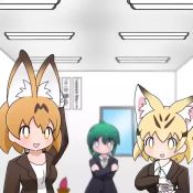 Rule 34 | 3girls, :3, :d, alternate costume, animal ear fluff, animal ears, animated, blonde hair, blurry, blurry background, business card, commentary, crossed arms, depth of field, epilepsy warning, facing viewer, formal, green hair, indoors, kaban (kemono friends), kemono friends, long hair, looping animation, multicolored hair, multiple girls, office lady, open mouth, orange eyes, orange hair, plant, potted plant, sand cat (kemono friends), serval (kemono friends), serval print, short hair, smile, suit, taro (tontaro), throwing, two-tone hair, video, window, yellow eyes