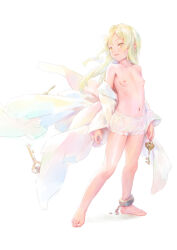 Rule 34 | 1girl, barefoot, bigrbear, blonde hair, bloomers, breasts, coat, cuffs, highres, key, long hair, looking back, navel, nipples, off shoulder, open clothes, open coat, open mouth, original, shackles, small breasts, solo, standing, underwear, white background, white bloomers, yellow eyes
