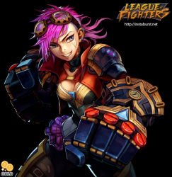 Rule 34 | 1girl, 2gold, armor, black background, blue eyes, breasts, cleavage, earrings, fighting stance, goggles, goggles on head, grin, jewelry, large breasts, league of legends, single mechanical arm, mechanical arms, pink hair, smile, solo, vi (league of legends)