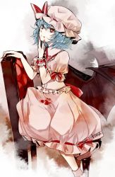 Rule 34 | 1girl, bat wings, blood, blood on face, blood on clothes, blue hair, chair, female focus, hat, hino mamori, red eyes, remilia scarlet, short hair, solo, touhou, wings