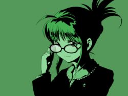 Rule 34 | 1girl, adjusting eyewear, akizuki ritsuko, chiaki rakutarou, folded ponytail, glasses, green theme, highres, idolmaster, idolmaster (classic), monochrome, short hair, smile, solo
