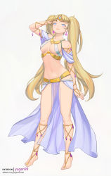 Rule 34 | 1girl, anklet, arabian clothes, bangle, barefoot, barefoot sandals (jewelry), blonde hair, blue eyes, bracelet, breasts, chain, dancer, diamond (gemstone), full body, gem, gold, highres, jewelry, lips, long hair, long legs, md5 mismatch, medium breasts, original, patreon username, see-through, solo, toe ring, twintails, twitter username, yugen99