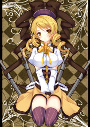 Rule 34 | 10s, 1girl, absurdres, argyle, argyle background, argyle clothes, bad id, bad pixiv id, beret, between legs, blonde hair, bow, breasts, breasts squeezed together, brown thighhighs, checkered background, corset, detached sleeves, drill hair, fingerless gloves, gloves, gun, hair ornament, hairpin, hand between legs, hat, highres, impossible clothes, impossible shirt, kneeling, large breasts, magical girl, magical musket, mahou shoujo madoka magica, mahou shoujo madoka magica (anime), mea (brunhilde), pillarboxed, pleated skirt, puffy sleeves, ribbon, rifle, seiza, shirt, sitting, skirt, smile, solo, striped clothes, striped thighhighs, thighhighs, tomoe mami, twin drills, twintails, vertical-striped clothes, vertical-striped thighhighs, weapon, yellow eyes, zettai ryouiki
