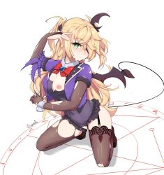 Rule 34 | 1girl, bat wings, black thighhighs, blazer, blonde hair, bow, breasts, chuunibyou, chuunibyou demo koi ga shitai!, cleavage, closed mouth, commentary, commentary request, cosplay, covered navel, cum, cum on body, cum on breasts, cum on clothes, cum on upper body, demon girl, english commentary, eyepatch, facial, fischl (genshin impact), full body, genshin impact, green eyes, grey background, hand on own hip, hand wraps, highres, jacket, leotard, long hair, magic circle, medium breasts, nipples, nontraditional playboy bunny, playboy bunny, purple bow, pussy, red neckwear, simple background, single wing, sitting, smile, solo, soveno, summoning, tail, takanashi rikka (cosplay), thighhighs, torn clothes, torn leotard, trait connection, two side up, very long hair, voice actor connection, wings