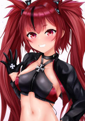 Rule 34 | 1girl, absurdres, azur lane, black choker, black gloves, black jacket, breasts, choker, crop top, cropped jacket, gloves, grin, hair ornament, halterneck, halterneck, hand up, highres, jacket, long hair, looking at viewer, midriff, multicolored hair, navel, open clothes, open jacket, red eyes, red hair, revealing clothes, ryara, sleeveless, small breasts, smile, solo, stomach, streaked hair, twintails, u-1206 (azur lane), upper body
