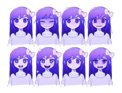 Rule 34 | + +, 1girl, :&gt;, angry, aubrey (headspace) (omori), aubrey (omori), blush, bow, bright pupils, closed mouth, collarbone, colored skin, crying, expressions, hair bow, happy, highres, long hair, looking at viewer, omori, open mouth, purple eyes, purple hair, smile, thxzmgn, white pupils, white skin