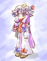 Rule 34 | 1girl, bad id, bad pixiv id, bow, crescent, dress, female focus, hair bow, hat, hat bow, long hair, natsuki (silent selena), patchouli knowledge, perfect cherry blossom, purple eyes, purple hair, scarf, scarf over mouth, solo, standing, touhou