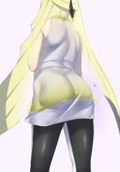 Rule 34 | 1girl, absurdres, ass, bare shoulders, blonde hair, colored skin, creatures (company), dress, from behind, game freak, hair ornament, heart, highres, ikuchan kaoru, leggings, legs apart, long hair, lusamine (pokemon), multicolored clothes, multicolored legwear, multicolored skin, nintendo, pokemon, pokemon sm, simple background, sleeveless, sleeveless dress, solo, standing, very long hair, white dress, x-ray