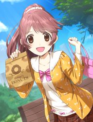 Rule 34 | 1girl, :d, bad id, bad pixiv id, bag, blue sky, brown eyes, brown hair, brown skirt, cloud, collarbone, day, dutch angle, hair ornament, hair scrunchie, high ponytail, holding, holding bag, idolmaster, idolmaster cinderella girls, lens flare, long hair, looking at viewer, open mouth, outdoors, scrunchie, shiina noriko, skirt, sky, smile, solo, standing, white scrunchie, yama tatsuo