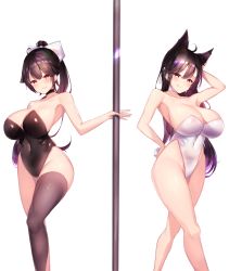 Rule 34 | 2girls, :q, ahoge, animal ears, asymmetrical legwear, atago (azur lane), azur lane, bare legs, bare shoulders, black choker, black hair, black legwear, blush, bow, breasts, choker, cleavage, collarbone, covered navel, geonjeonji, hair bow, hair ornament, hair ribbon, hand on own head, hand on own hip, holding, large breasts, leotard, long hair, looking at viewer, multiple girls, playboy bunny, pole, ponytail, rabbit tail, ribbon, simple background, single thighhigh, standing, stripper pole, tail, takao (azur lane), thighhighs, tongue, tongue out, uneven legwear, white background, white bow, white choker, white ribbon, yellow eyes