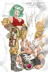 Rule 34 | 1boy, 1girl, amartbee, angry, blonde hair, blue eyes, blue hair, boots, breasts, bulma, cleavage, couple, dragonball z, eyewear on head, fire, fire extinguisher, gloves, highres, large breasts, looking at another, medium breasts, midriff, navel, open mouth, screaming, torn clothes, vegeta