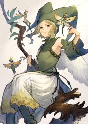 Rule 34 | 1boy, 3others, androgynous, bare shoulders, blonde hair, cute fairy (elona), detached sleeves, dress, elona, emphasis lines, fairy, fairy wings, feathered wings, feet out of frame, flying, green eyes, green hair, green headwear, green vest, hand up, hat, herayoshi, highres, holding, holding scythe, jester cap, jumpsuit, kumiromi of harvest, layered clothes, leaf, looking afar, multiple others, outstretched arm, pants, pants under dress, scythe, short hair, short hair with long locks, sidelocks, sidesaddle, solo focus, torn wings, vest, white dress, white wings, wings, yellow wings