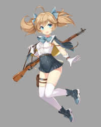Rule 34 | 1girl, :o, ahoge, belt, black footwear, blue bow, blue eyes, bolt action, bow, breasts, brown hair, cape, capelet, frills, full body, gloves, grey background, gun, gun request, highres, kibiko (cheeks), lee-enfield, looking at viewer, pouch, rifle, short twintails, simple background, small breasts, solo, standing, thigh pouch, thigh strap, twintails, weapon, white gloves