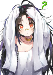 Rule 34 | 1girl, :o, ?, aged down, antenna hair, bandaid, bandaid on face, bandaid on nose, black hair, blush, c-ms (girls&#039; frontline), c-ms (the wonderful adventures of goose) (girls&#039; frontline), collar, collarbone, girls&#039; frontline, hair ornament, hairclip, long hair, looking at viewer, loose clothes, loose shirt, luse maonang, messy hair, off-shoulder shirt, off shoulder, official alternate costume, parted bangs, parted lips, red eyes, shirt, simple background, solo, white background