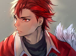 Rule 34 | 1boy, diamant (fire emblem), fire emblem, fire emblem engage, fur trim, furrowed brow, looking to the side, male focus, nintendo, portrait, red eyes, red hair, shirt, short hair, simple background, solo, t misaomaru