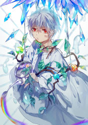 Rule 34 | 1boy, absurdres, barcode, barcode tattoo, branch, crystal, glint, highres, looking at viewer, mafumafu, male focus, niconico, orb, rainbow, red eyes, ribbon trim, solo, standing, tattoo, utaite, water drop, watering can, white background, white hair, wide sleeves, yukikohuang