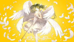 Rule 34 | 1girl, breasts, character name, cleavage, dress, feathered wings, feathers, floating hair, green hair, hair ribbon, hatsune miku, highres, holding, holding microphone, long hair, medium breasts, microphone, microphone stand, multiple wings, nine (liuyuhao1992), ribbon, simple background, sleeveless, sleeveless dress, solo, standing, thighhighs, twintails, very long hair, vocaloid, white dress, white feathers, white ribbon, white thighhighs, white wings, wings, yellow background