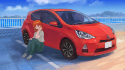 Rule 34 | 1girl, car, commentary request, green pants, green shirt, highres, license plate, medium hair, momo hiki, motor vehicle, orange hair, original, outdoors, pants, personification, railing, shirt, shoes, short sleeves, sitting, sneakers, solo, toyota, toyota yaris, vehicle focus, white footwear