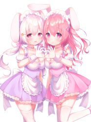 Rule 34 | 2girls, :d, animal ears, apron, blush, bow, breasts, cleavage, closed mouth, commentary request, detached sleeves, frilled apron, frills, gloves, hair between eyes, hair ornament, hairclip, heart, heart hands, heart hands duo, highres, large breasts, long hair, low twintails, multiple girls, open mouth, original, pink bow, pink skirt, pleated skirt, puffy short sleeves, puffy sleeves, purple bow, purple eyes, purple skirt, rabbit ears, red eyes, red hair, sakura (usashiro mani), short sleeves, silver hair, simple background, skirt, smile, standing, standing on one leg, thighhighs, twintails, usashiro mani, very long hair, waist apron, white apron, white background, white gloves, white legwear, white sleeves, wrist cuffs