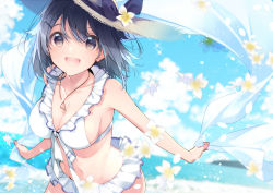 Rule 34 | 1girl, :d, barefoot, beach, bikini, bikini skirt, bikini top only, black hair, blush, breasts, cleavage, cloud, commentary request, day, floating hair, flower, frilled bikini, frills, front-tie top, grey eyes, hair between eyes, hat, holding, jewelry, large breasts, looking at viewer, miniskirt, navel, ocean, open mouth, original, outdoors, pendant, shawl, skirt, sky, smile, solo, standing, standing on one leg, straw hat, sun hat, swimsuit, tareme, thighs, u35, upper body, white bikini, white flower, white skirt