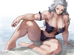 Rule 34 | 1girl, absurdres, bare shoulders, breasts, cleavage, collarbone, dorohedoro, grey hair, highres, large breasts, long hair, looking at viewer, messy hair, muscular, muscular female, noi (dorohedoro), red eyes, sitting, solo, thighs, underwear, underwear only, yoshio (55level)