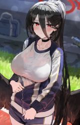 Rule 34 | 1girl, black choker, black hair, black wings, blue archive, breasts, choker, collarbone, gym uniform, hair between eyes, halo, hasumi (blue archive), hasumi (track) (blue archive), highres, jacket, large breasts, long hair, long sleeves, looking at viewer, official alternate costume, ponytail, red eyes, shirt, shorts, sonchi, sweat, track jacket, white shirt, wings, zipper