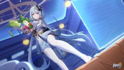 Rule 34 | 1girl, aged up, blue hair, blue theme, breasts, chinese commentary, cup, earrings, food, fruit, gloves, griseo, griseo (cosmic expression), highres, holding, holding food, honkai (series), honkai impact 3rd, jewelry, large breasts, light blue hair, logo, long hair, official art, official wallpaper, purple eyes, screen, solo, twintails, vegetable, very long hair, white gloves