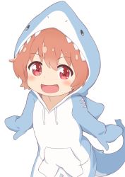 Rule 34 | 1girl, :d, animal costume, animal hood, child, commentary request, cosplay, costume, cowboy shot, fang, hatafuta, hood, hoodie, hoshino hinata, kigurumi, long sleeves, looking at viewer, open mouth, orange hair, outstretched arms, red eyes, shark costume, short hair, simple background, smile, solo, spread arms, standing, watashi ni tenshi ga maiorita!, white background