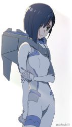 Rule 34 | 10s, 1girl, arm at side, blue hair, bodysuit, cowboy shot, darling in the franxx, food, fruit, ganko-chan (shashaneko123), green eyes, hand on own arm, highres, ichigo (darling in the franxx), pilot suit, sad, short hair, simple background, skin tight, solo, standing, strawberry, tearing up, tears, twitter username, white background, white bodysuit