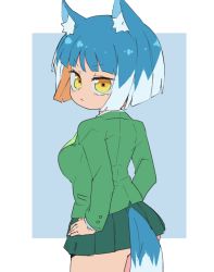 Rule 34 | 1girl, :&lt;, animal ear fluff, animal ears, asagi (bombergirl), blue hair, blue tail, bombergirl, breasts, closed mouth, colored inner hair, cowboy shot, green jacket, green skirt, hands on own hips, jacket, legs together, long sleeves, medium breasts, miniskirt, multicolored hair, multicolored tail, orange hair, pleated skirt, sasaki rindou, short hair, skirt, solo, tail, two-tone tail, white hair, white tail, wolf ears, wolf girl, wolf tail, yellow eyes
