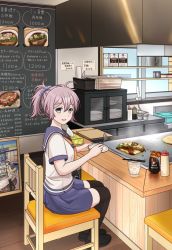 Rule 34 | 1girl, aoba (kancolle), black thighhighs, blue eyes, blue scrunchie, blue shorts, chair, chalkboard, commentary request, counter, food, griddle, hitakikan, kantai collection, kitchen, neckerchief, okonomiyaki, ponytail, purple hair, purple sailor collar, sailor collar, sailor shirt, scrunchie, shirt, shorts, sitting, solo, spatula, thighhighs, translation request, white shirt