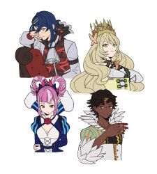 Rule 34 | absurdres, alcryst (fire emblem), ascot, asymmetrical hair, blue hair, bow, butterfly hair ornament, celine (fire emblem), circlet, cross-laced clothes, cross-laced dress, crown, dark-skinned male, dark skin, dress, dress bow, facial mark, feather collar, fire emblem, fire emblem engage, fogado (fire emblem), folded twintails, gold circlet, green eyes, hahm0106, hair flaps, hair ornament, hair rings, hairclip, heart, heart facial mark, high collar, highres, hortensia (fire emblem), nintendo, orange bow, orange gemstone, orange wristband, prince, princess, striped clothes, striped dress, vertical-striped clothes, vertical-striped dress, very dark skin, white ascot, wrist bow, yellow dress