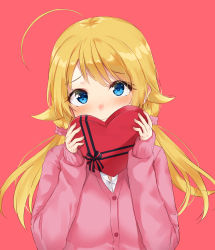 Rule 34 | 1girl, ahoge, blonde hair, blue eyes, blush, box, cardigan, closed mouth, gift, gift box, hachimiya meguru, hair flaps, hair ornament, hair scrunchie, hands up, heart-shaped box, highres, holding, holding gift, idolmaster, idolmaster shiny colors, long hair, long sleeves, looking at viewer, low twintails, minikon, nose blush, pink cardigan, pink scrunchie, red background, scrunchie, shirt, simple background, sleeves past wrists, solo, twintails, upper body, very long hair, wavy mouth, white shirt