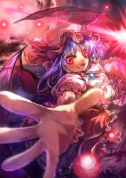 Rule 34 | 1girl, bat wings, fangs, female focus, foreshortening, hat, light particles, misaki (kyal 001), moon, motion blur, open mouth, outstretched arms, purple hair, red eyes, red moon, remilia scarlet, sharp teeth, short hair, solo, spear the gungnir, teeth, touhou, wings, wrist cuffs