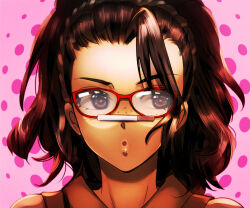 Rule 34 | 1girl, ahoge, balancing on nose, brown eyes, brown hair, cigarette, commentary request, dark-skinned female, dark skin, devil may cry (series), devil may cry 5, facing viewer, forehead, freckles, glasses, hair over one eye, hair pulled back, nagare, nico (devil may cry), pink background, portrait, red-framed eyewear, short hair, sideways glance, solo