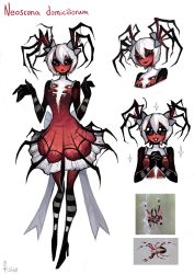 Rule 34 | :d, :o, absurdres, arthropod girl, arthropod limbs, black eyes, bow, dress, frilled dress, frills, hair between eyes, hair bow, high heels, highres, insect girl, matilda fiship, no pupils, open mouth, original, pantyhose, personification, red dress, short dress, short hair, simple background, sleeveless, sleeveless dress, smile, sparkle, spider girl, striped clothes, striped legwear, striped pantyhose, white background, white hair