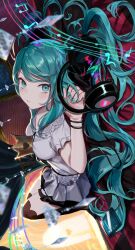 Rule 34 | 1girl, absurdres, adamosina, beamed eighth notes, blurry, blurry foreground, breasts, brown thighhighs, cellphone, closed mouth, collared shirt, commentary, crown, depth of field, dutch angle, eighth note, english commentary, green eyes, green hair, green nails, grey skirt, hatsune miku, headphones, headphones removed, highres, knees up, long hair, looking at viewer, lying, medium breasts, mini crown, musical note, nail polish, on back, over-kneehighs, phone, pleated skirt, quarter note, shirt, short sleeves, skirt, smile, solo, song name, thighhighs, very long hair, vocaloid, white shirt, world is mine (vocaloid)