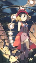 Rule 34 | 1girl, arms behind back, bamboo, bare arms, blue ribbon, case-k, closed mouth, cloud, commentary request, creatures (company), dress, game freak, gen 1 pokemon, gen 2 pokemon, grey eyes, grey thighhighs, hat, highres, light brown hair, looking to the side, night, nintendo, outdoors, pichu, pikachu, pokemon, pokemon (anime), pokemon (creature), pokemon xy (anime), red headwear, ribbon, serena (pokemon), short hair, sky, sleeveless duster, smile, standing, thighhighs
