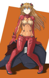 Rule 34 | 00s, 1girl, arm support, bad id, bad pixiv id, blue eyes, bodysuit, brown hair, covered navel, eva 03, evangelion: 2.0 you can (not) advance, highres, latex, long hair, multicolored clothes, neon genesis evangelion, oda masaki (b-minor), oyamada masaki, plugsuit, rebuild of evangelion, shiny clothes, shiny skin, sitting, skin tight, solo, souryuu asuka langley, test plugsuit, two side up, very long hair, wide hips