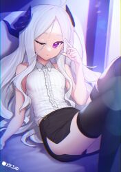 Rule 34 | 1girl, absurdres, ahoge, artist name, bare shoulders, black horns, black panties, black skirt, black thighhighs, blue archive, breasts, center frills, chromatic aberration, collared shirt, crossed legs, demon girl, female focus, frilled shirt, frills, hair between eyes, hand up, highres, hina (blue archive), horns, indoors, knees up, ko toad, long hair, looking at viewer, lying, miniskirt, on back, on bed, one eye closed, open mouth, panties, pantyshot, parted bangs, pencil skirt, pillow, pocket, purple eyes, shirt, shirt tucked in, side slit, sidelocks, signature, skirt, sleeveless, sleeveless shirt, small breasts, solo, thighhighs, thighs, twitter username, underwear, upskirt, white hair, white shirt