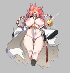 Rule 34 | 1girl, baiken, bell, breasts, facial mark, from below, funaya (a2brasd), guilty gear, guilty gear strive, highres, huge breasts, inverted nipples, japanese clothes, katana, kimono, nipples, one-eyed, open clothes, open kimono, pink hair, ponytail, red eyes, rope, scar, scar across eye, scar on face, sheath, sheathed, solo, sword, thighs, underboob, weapon, wide sleeves