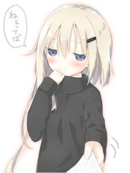 Rule 34 | 1girl, :t, black sweater, blonde hair, blue eyes, blush, closed mouth, hair between eyes, hair ornament, hairclip, long hair, long sleeves, looking at viewer, original, pout, shirt, shirt grab, simple background, sleeves past wrists, solo, sweater, tia-chan, translated, turtleneck, turtleneck sweater, uchuuneko, white background, white shirt